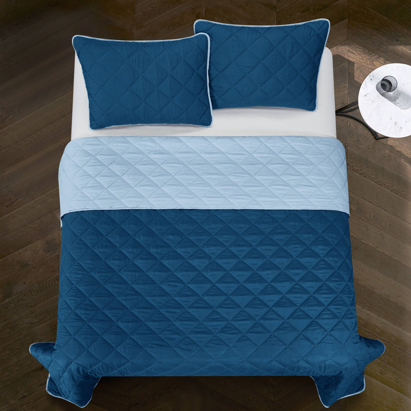 Ensemble de courtepointe réversible 3 pièces Quilts, Courtepointe grande + 2 taies décoratives, Bleu