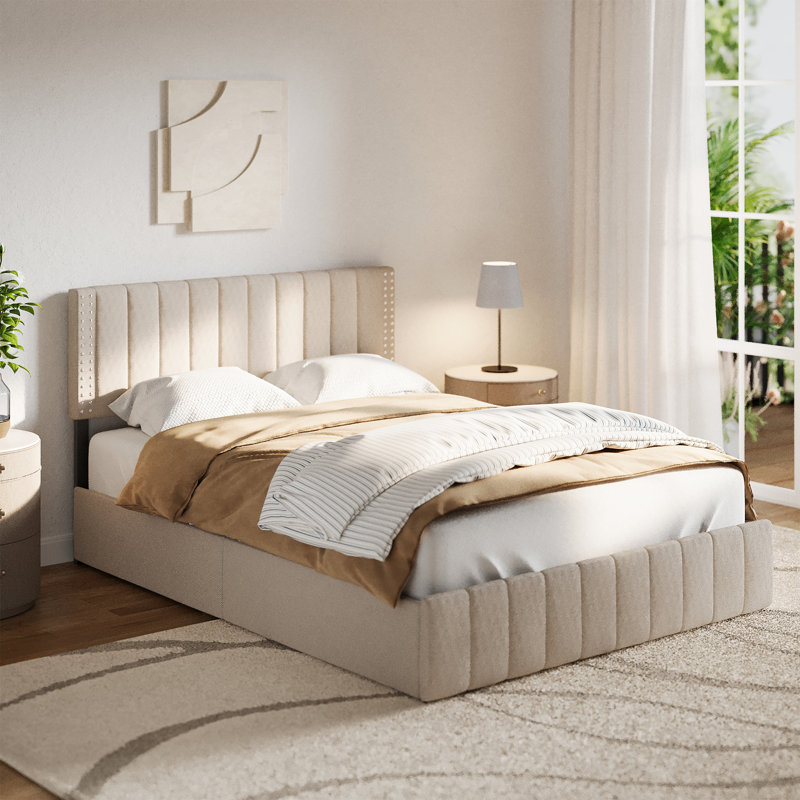 Lit plateforme tapissier avec rangement et tête de lit Masad, Grand, Beige