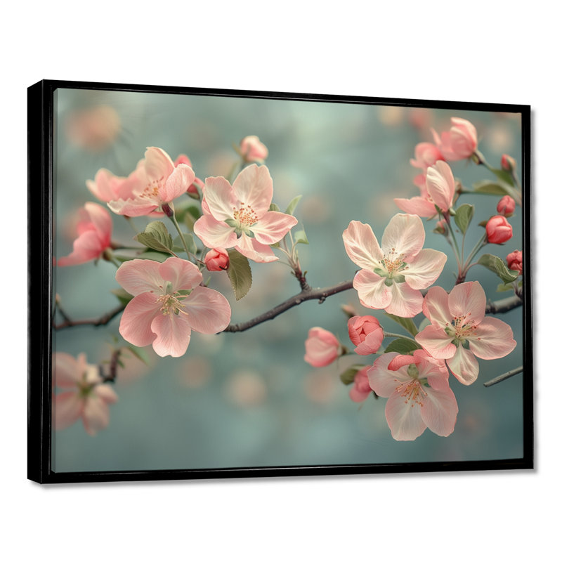 Fleurs de pommier rose et gris I - Art mural, H 30 po x l 40 po, Cadre flottant noir, bois massif