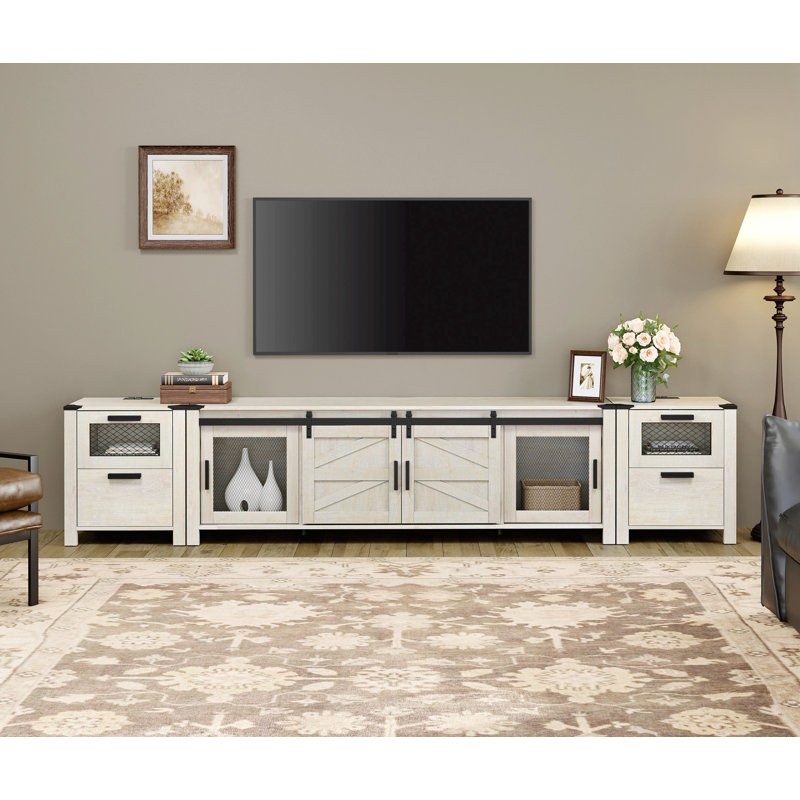 Tv Stand Set For Ups To 85 Inch Tv,Entertainment Center With Charging Station,Antique White