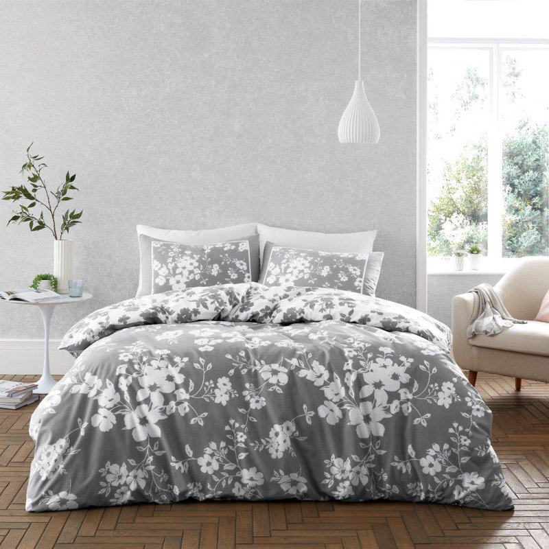 Cotton Blend Floral Duvet Cover Set with Pillowcases, Gray, King