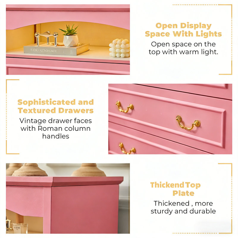 55.12"W Modern 6 Drawer Dresser Chest, Wide Double Dresser With Light, Vintage Farmhouse Wood Closet Dresser Storage Organizer, French Country Chest of Drawers for Bedroom, TV Stand for Living Room