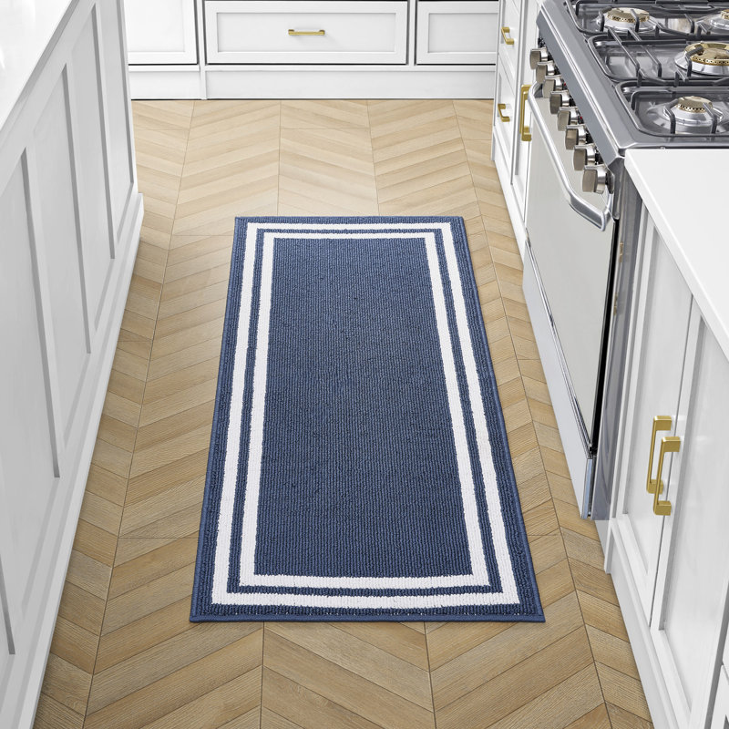 Laura Ashley Debbie Double Border Two-Tone Machine Washable All Loop Tufted Rugs, Runner 2'2" x 5', Dusty Navy/Natural