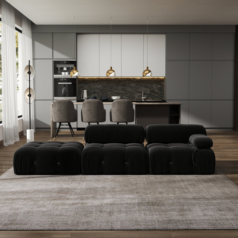 Cylar 3-Piece Upholstered Modern Velvet Modular Sofa With Ottoman, Black
