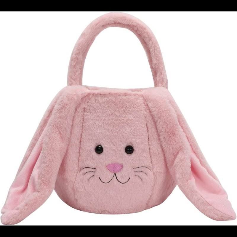 Easter Bunny Basket Bags Canvas Cotton Carrying Gift And Eggs Hunt Bag,Fluffy Tails Printed Rabbit Canvas Toys Bucket Tote (Plush Bunny(White))