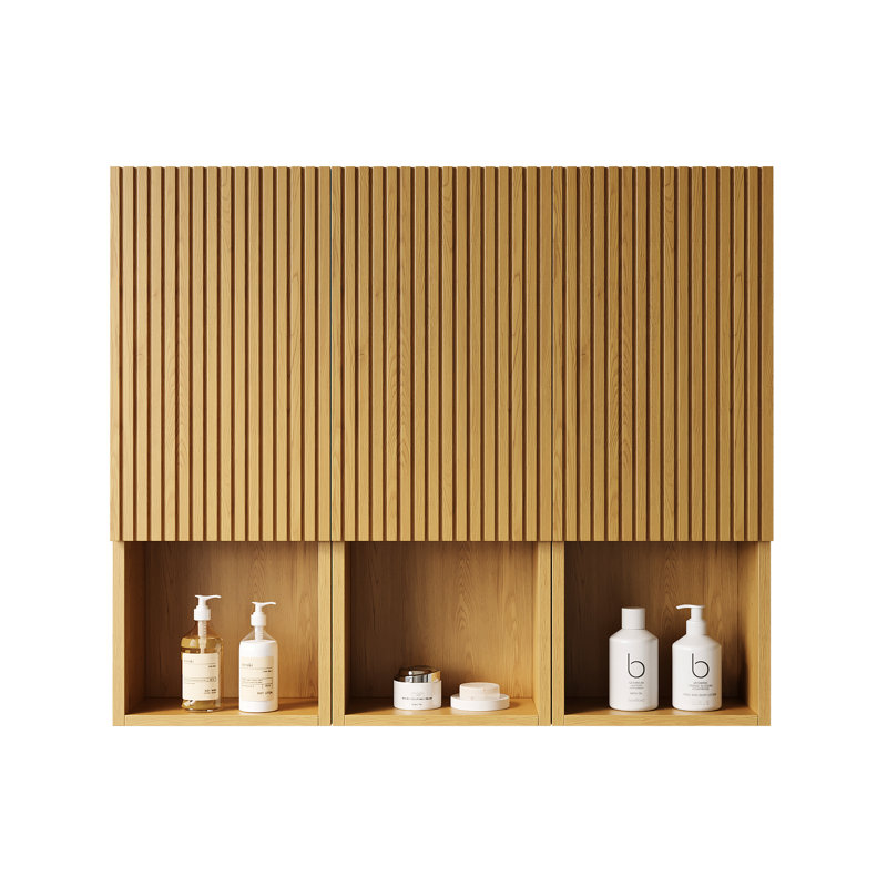 41" Bathroom Storage Cabinet - 3 Cabinets Oak Woodlike Plywood Structure Waterproof French 3D Groove Door Panels & Open Spaces Combined Or Alone Finish Material Damp Semi-