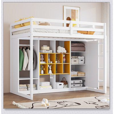 Wood Loft Bed With Wardrobe, Shelves And  Cabinet