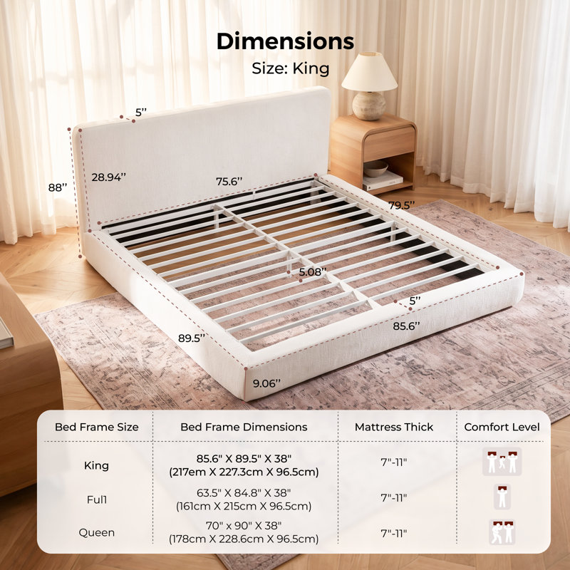 Cadre de lit King Size Cloud, sommier tapissier blanc, tête de lit rembourrée de 12,7 cm d'épaisseur, sans sommier tapissier, structure robuste en acier, couleur crème.