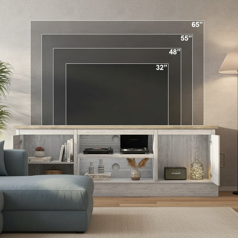 Farmhouse TV Stand, With Storage Cabinets, Dark Light
