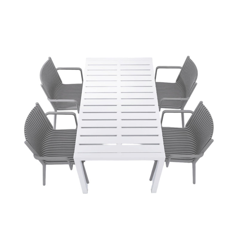 4-Person Patio Dining Set with White Rectangular Table, Stackable Polypropylene Armchairs for Indoor/Outdoor Use, Black