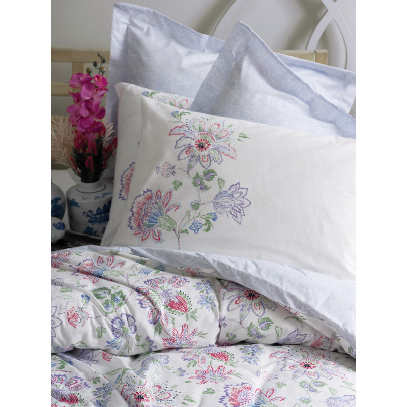 Luxury Ranforce Single XXL Quilt Cover Set, 61 x 87, 100% Cotton, White & Blue & Purple & Green | Machine Washable at 104°F, 145 Thread Count, Button Closure Duvet & Envelope Pillowcase | Soft & Stylish Bedding