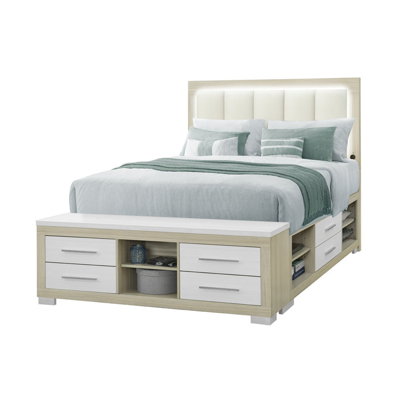 Lit Emma avec DEL et USB, Naturel / Blanc, Grand