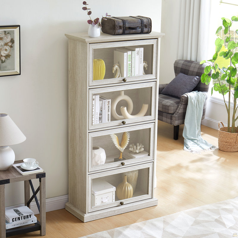 Cabinet 4 Tier Glass Display Cabinet Storage Curio Cabinet With Flip Up Glass Doors, Antique White