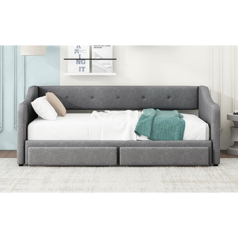 Twin Xl To King Size Gray Daybed With Storage, Upholstered - Modern And Comfortable Bed For Bedrooms Two Drawers In Stylish Practical Bedroom Decor