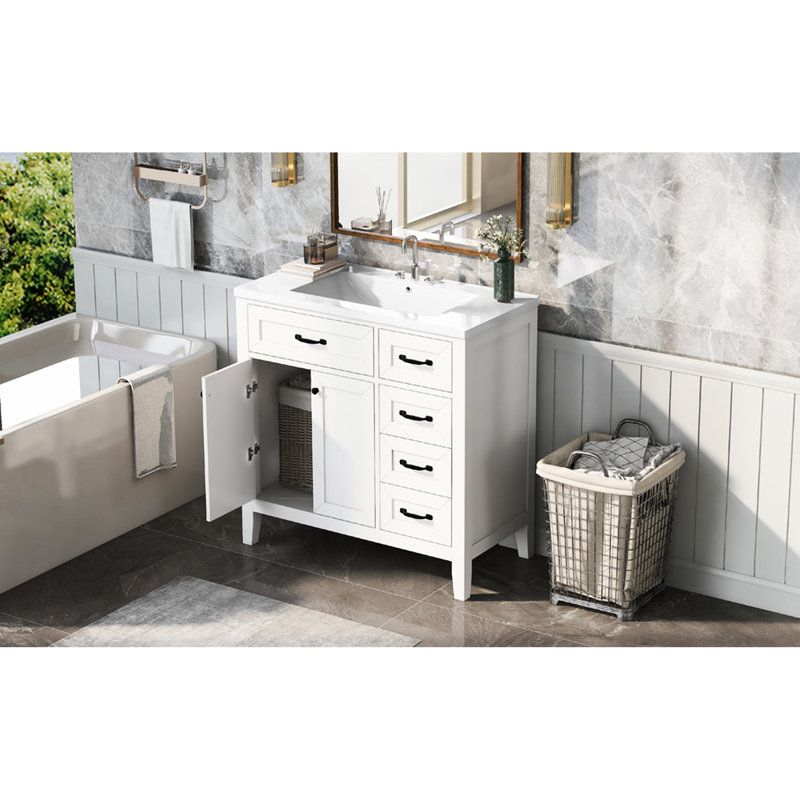 36" Bathroom Cabinet - Freestanding With Ceramic Sink, Drawers, Vanity Modern Solid Sink And, White