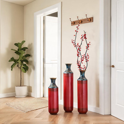 Ensemble de 3 vases en aluminium à finition de feu rouge vif pour grand salon, 20 à 28 pouces