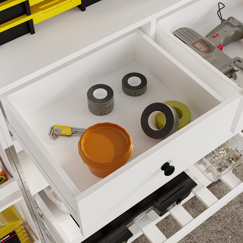 Armoire de garage blanche avec 2 portes et 4 tiroirs