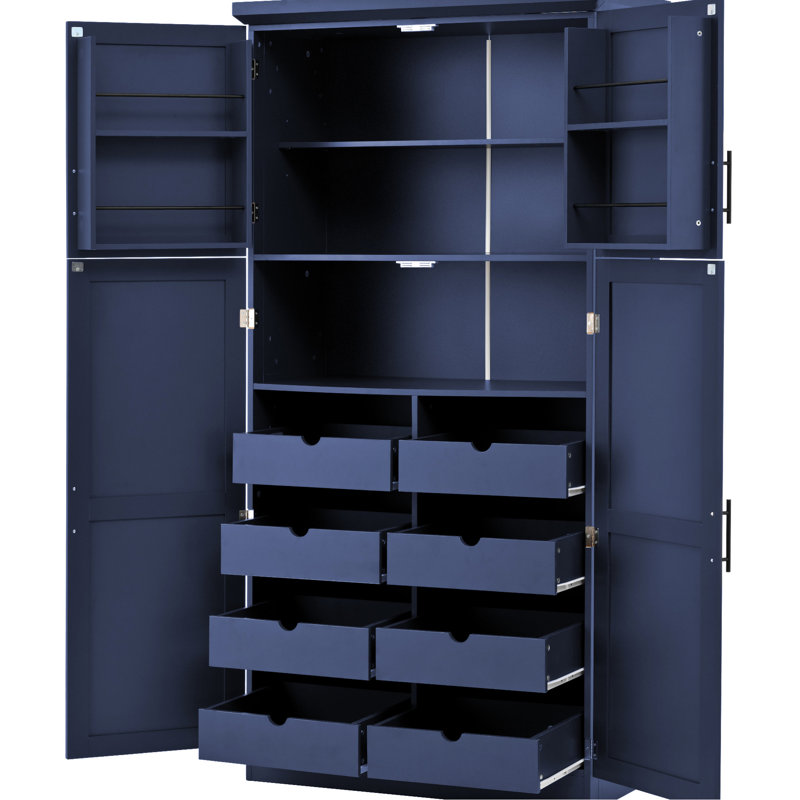 Garde-manger autoportant bleu avec 4 longues poignées, 8 plateaux coulissants et 2 trousses de basculement de 17,6 pouces de profondeur, tablette coulissante réglable à 3 niveaux, bleu, pour les gros appareils d'épicerie