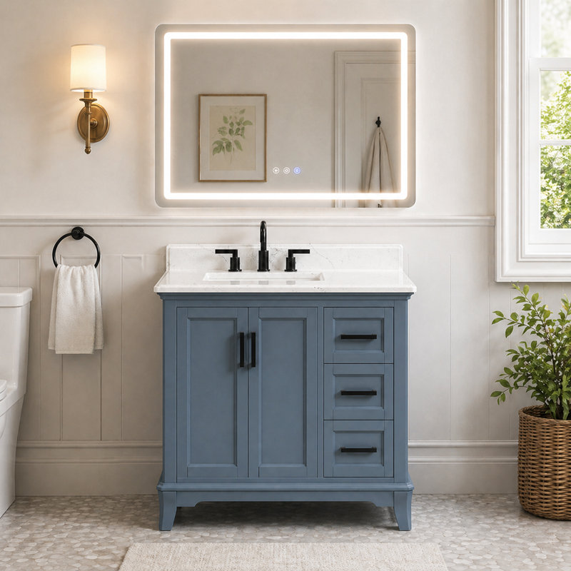 Ensemble de meuble-lavabo autoportant bleu 36 po avec comptoir en quartz blanc et lavabo simple Allendale, Blue, 36"
