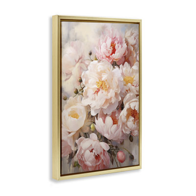 Pink Peonies Collage Black Framed Floater Canvas by Roozbeh Bahramali