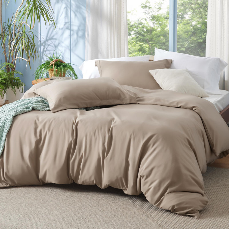 Ensemble de housse de couette en polyester et rayonne de bambou, Kaki, Housse de couette double + 2 taies décoratives st