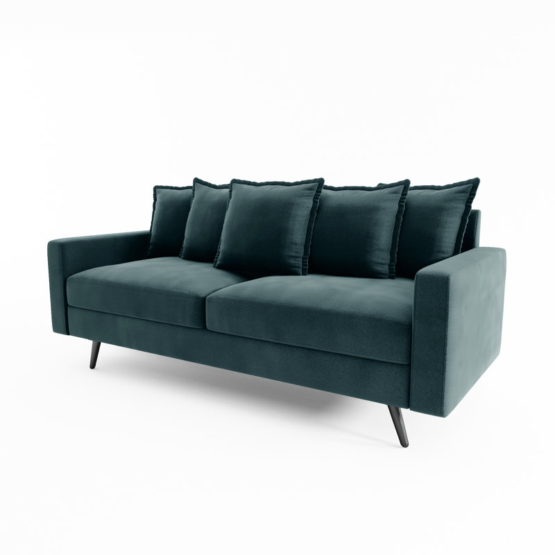 70" Velvet Square Arm Sofa, Prussian Blue Velvet, Black