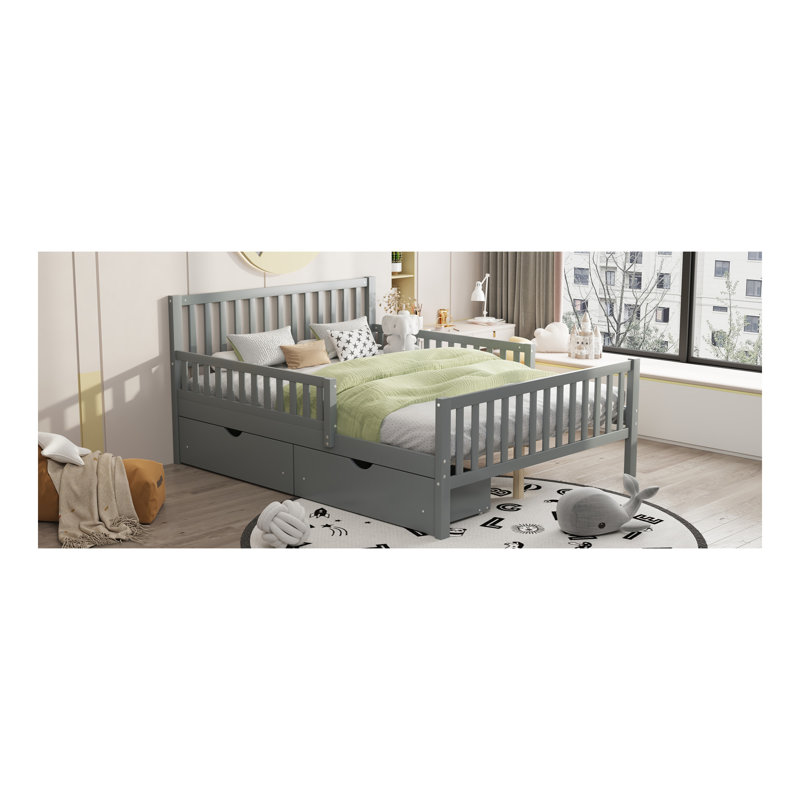 Lit plateforme double en bois avec garde-corps des deux côtés et deux tiroirs de rangement, gris, Gris, Lit double