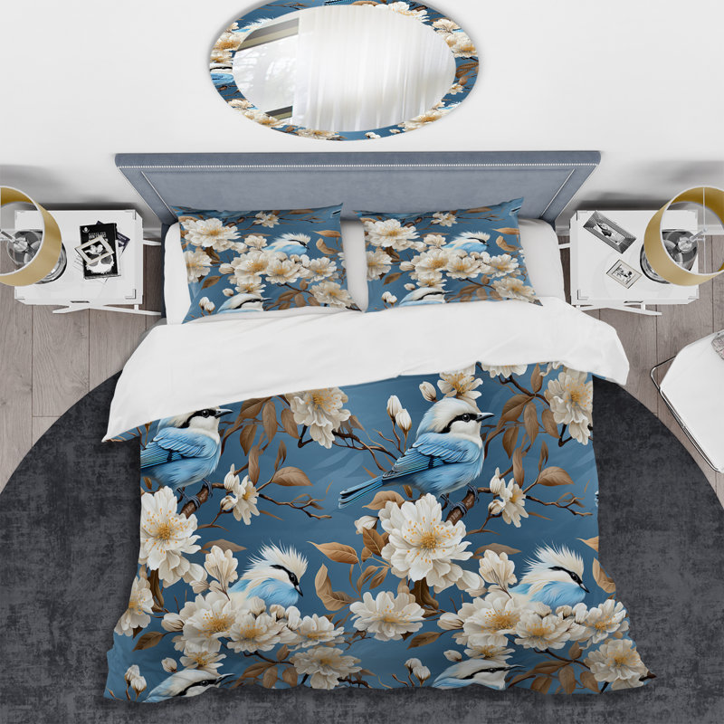Ensemble de housse de couette à motif floral White and Blue Bird Serenade III