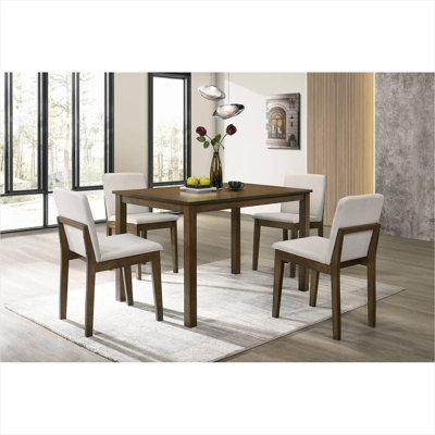 Ensemble de salle à manger 5 pièces peu encombrant avec table en bois d'hévéa brun classique et chaises rembourrées beiges pour coin-cuisine
