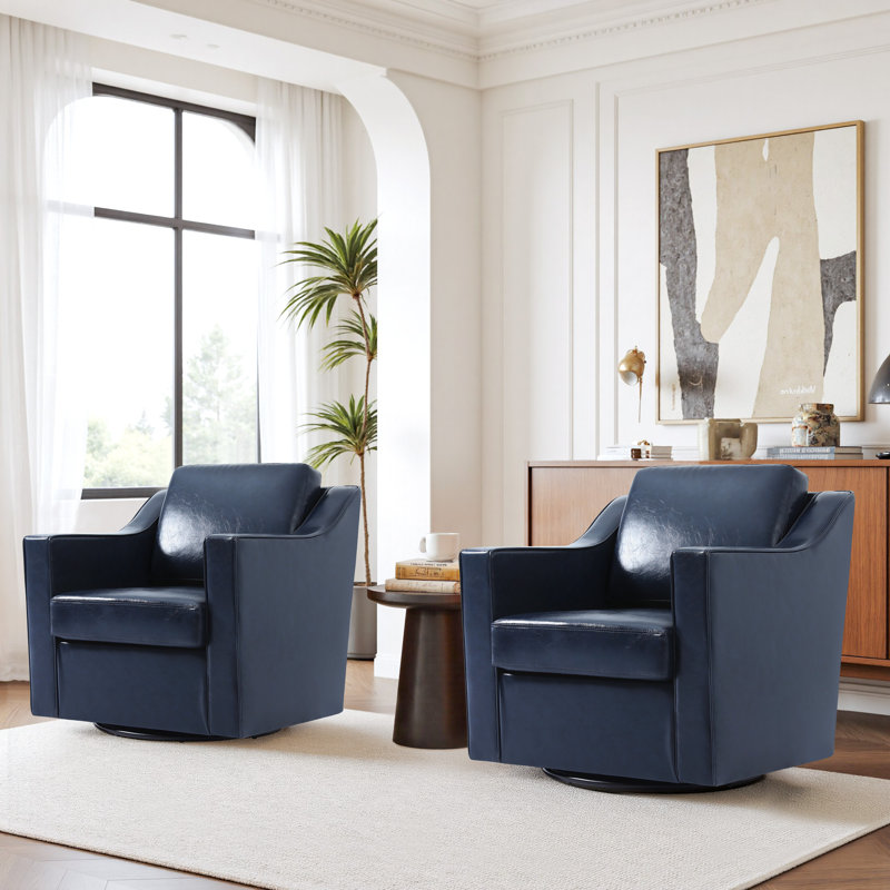 Bronnen Big And Wide Upholstered Navy Faux Leather Cushion Swivel Armchair with Removable Back and Seat Cushion (Set of 2)
