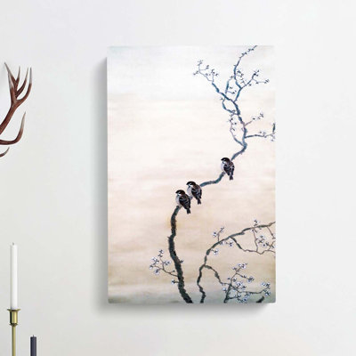Three Birds On A Branch by Hishida Shunso - Wrapped Canvas Painting