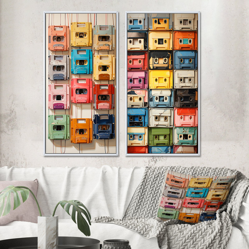 «Popart Cassette Tapes», 2 pièces sur toile, Cadre blanc, H 20 po x l 24 po