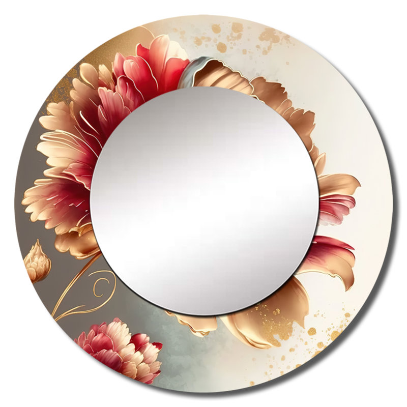 Raelean Bold Red Floral Design I - Floral Large Wall Mirror, Red Round Decorative Mirror, Printed Metal Art, 29" x 29"