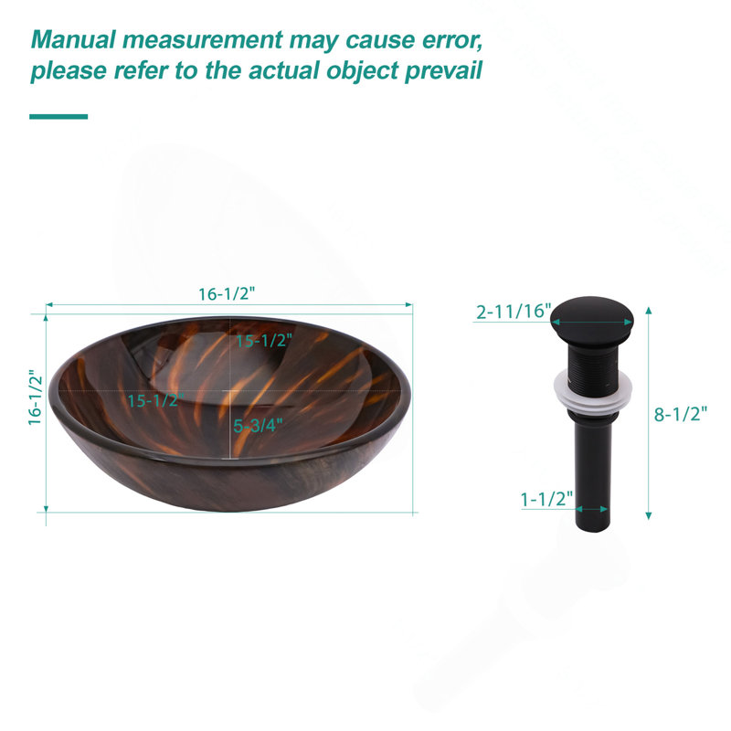 Lavabo de salle de bain en verre trempé avec bonde escamotable, vasque ronde en verre trempé brun ambre (sans robinet)