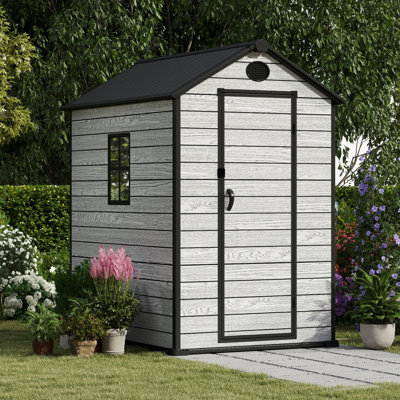 EHHLY 4.4x6 FT Resin Outdoor Storage Shed, 230 Cuft Garden Tool Sheds & Outdoor Storage Plastic Shed with Floor, 7FT Tall Backyard Outside Lawn Mower Storage Shed with Side Window