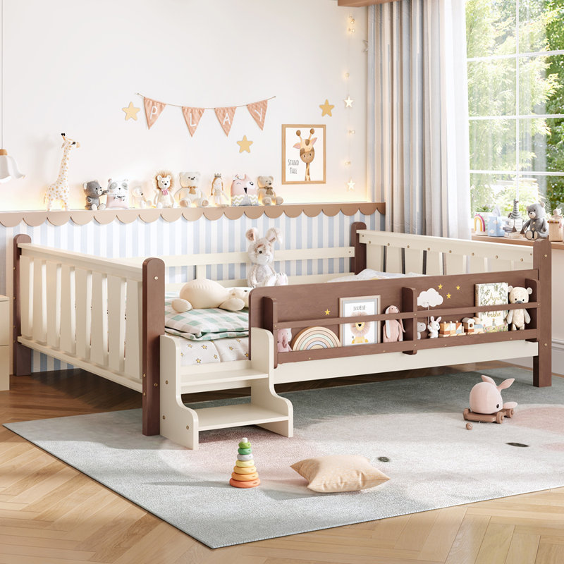 Grand lit au sol avec bibliothèques de rangement, lit en bois massif pour enfants avec de jolis escaliers et garde-corps, aucun sommier nécessaire, beige