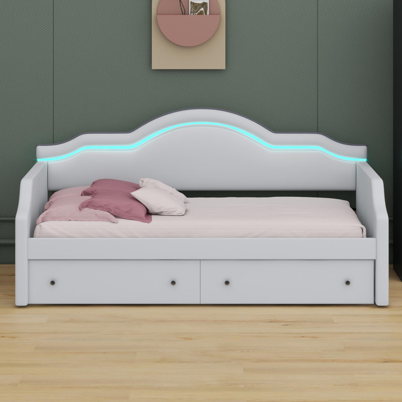 Lit de jour rembourré intelligent avec lumières DEL intégrées et tiroirs pratiques, Beige