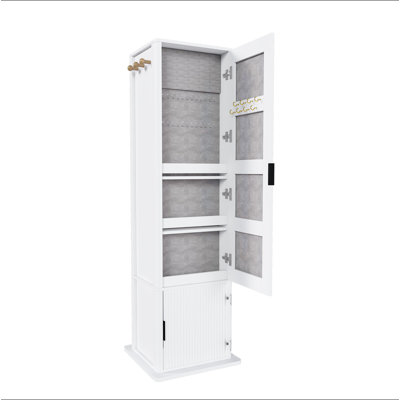 Armoire de maquillage rotative à 360 °, armoire à bijoux avec miroir pleine longueur, armoire de rangement debout avec porte-manteau, 4 couches de tablettes ouvertes et 2 couches de tablettes intégrées