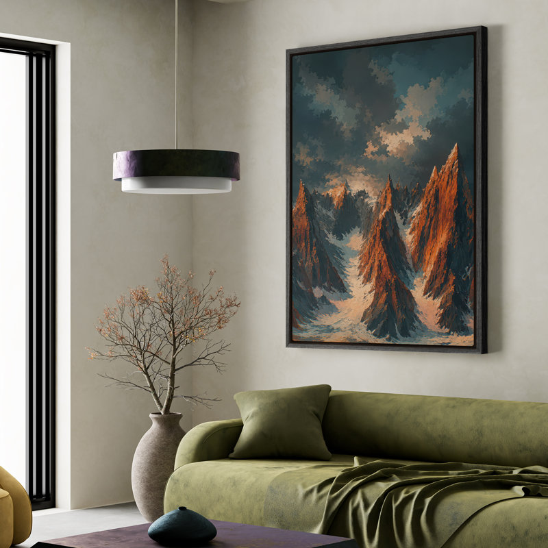 Art mural sur toile encadrée - Sommets de montagnes en cuivre dramatiques sous le ciel orageux - 16 po x 24 po, 24 po x 36 po