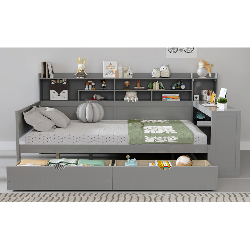Lit de jour double en bois avec tablettes de rangement, lit multifonctionnel avec deux tiroirs de rangement et bureau d'étude