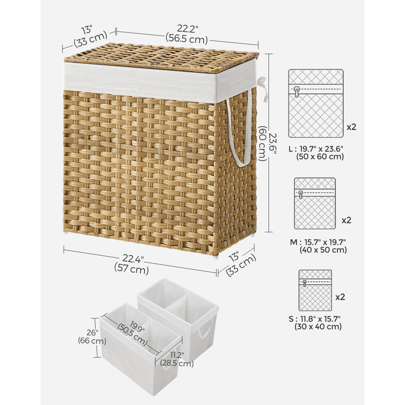 Panier à linge 110l avec 2 sacs de doublure amovibles, Naturel