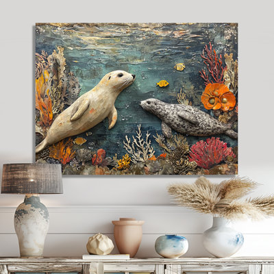«Jouant des phoques dans un paysage de corail I», reproduction d'art moderne en métal, art mural en métal Seal