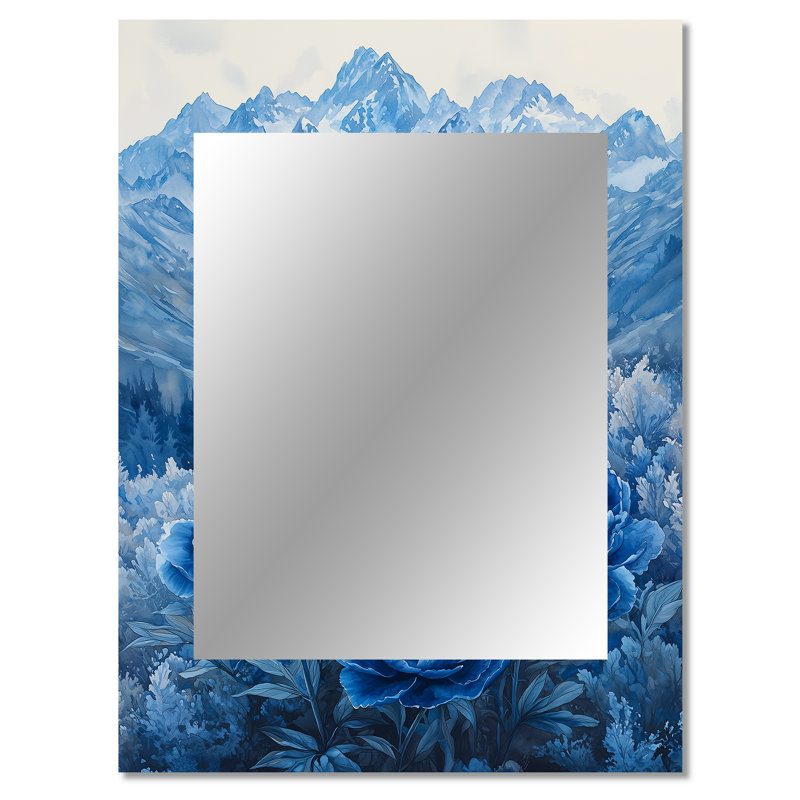 Pivoines bleues sur les sommets des montagnes III - miroir de pivoines, miroir mural traditionnel unique, impression d'art en métal