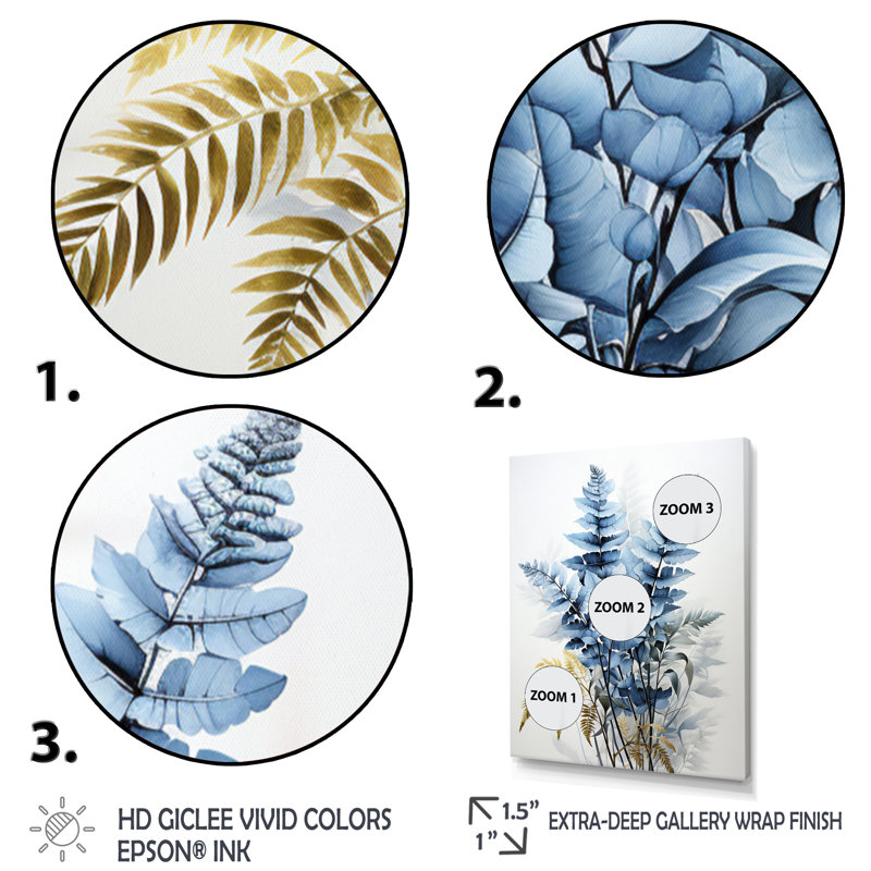 Ferns Sapphire Illumination I, reproduction d'art sur toile, H 44 po x l 34 po x P 1,5 po, Or