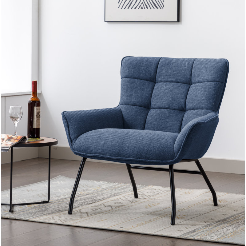 Fabric Accent Chair with Powder Coated Steel Legs, Blue Polyester Blend