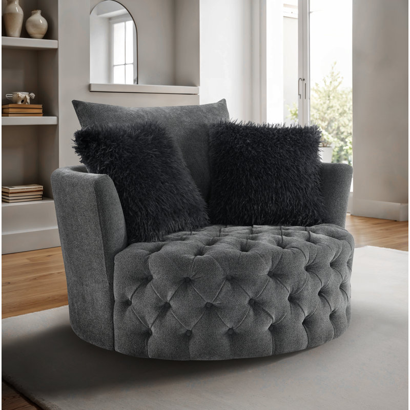 Oversized Round Button Tufted Swivel Chair With Faux Fur Pillows And 360-Degree Swivel, Dark Gray