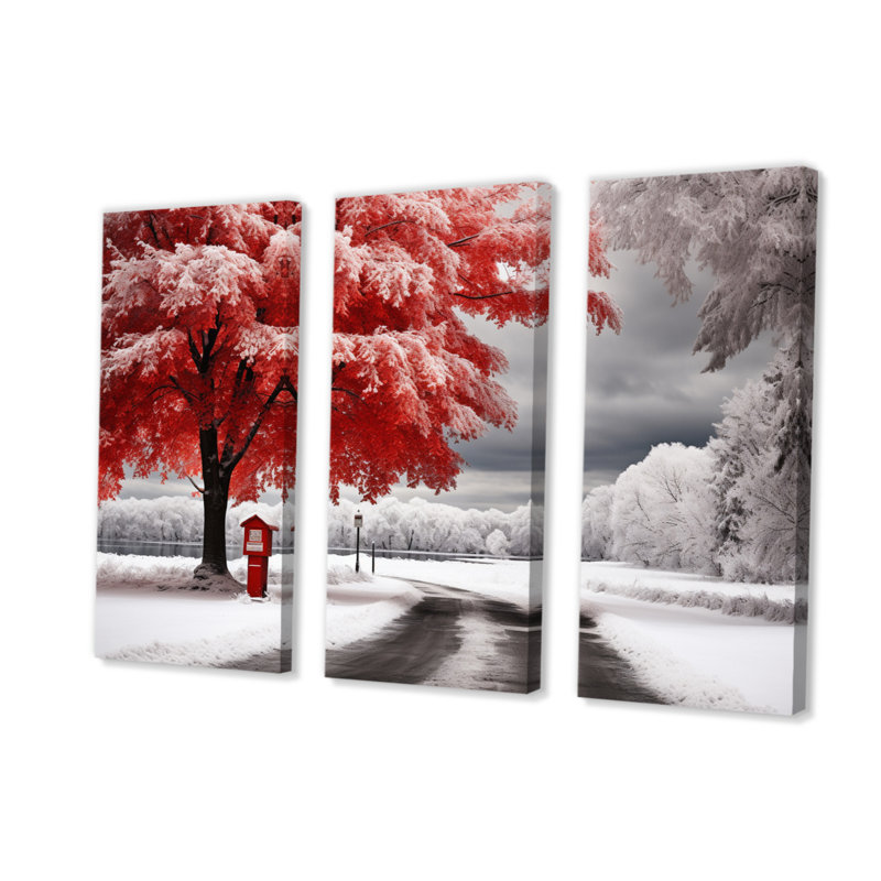«Red and White Winter Silent Symphony I» sur toile, reproduction de 3 pièces, H 32 po x l 48 po x P 1 po