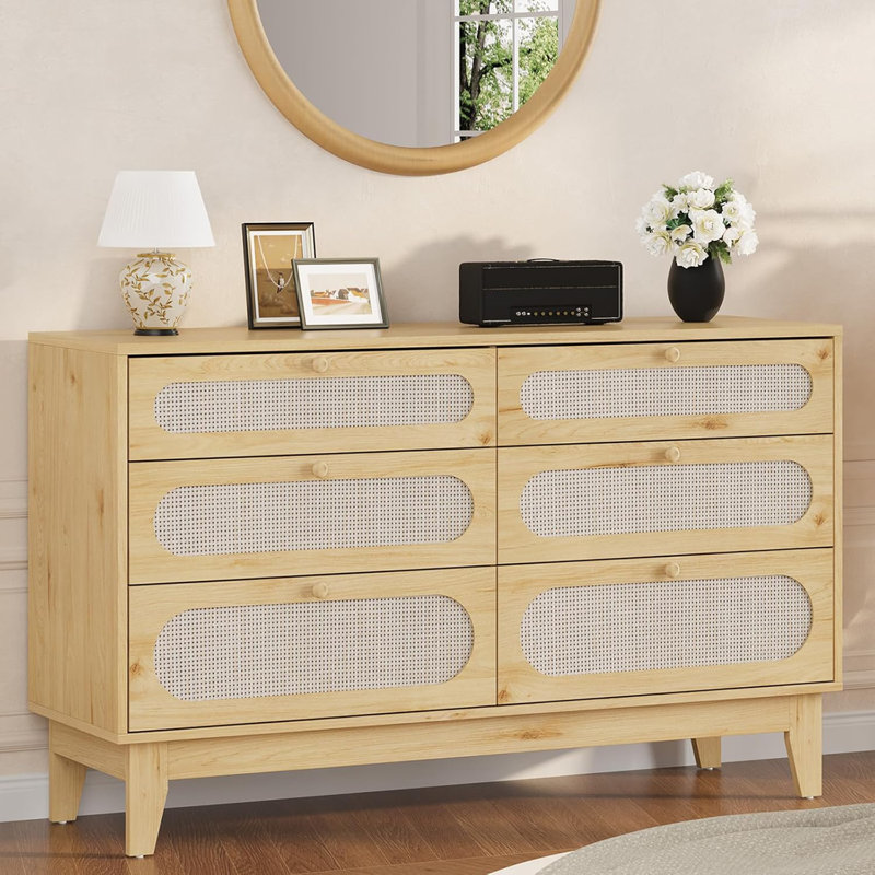 Commode de 52,1 po de largeur pour chambre à coucher, 6 tiroirs, commode en bois de rotin avec station de charge, commode pour garde-robe