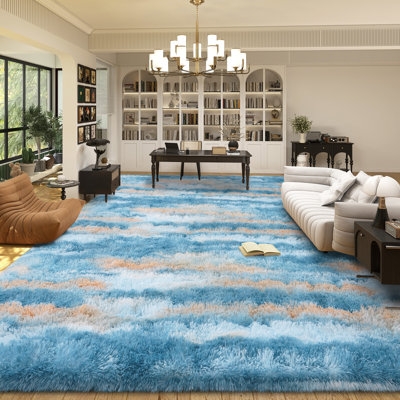 Tapis à poil long jaune et bleu de 9 pi x 12 pi, idéal pour la décoration de salon, tapis moelleux ultra doux pour les planchers de chambre à coucher, tapis esthétiques convenant aux chambres d'enfants, aux dortoirs et à la décoration intérieure
