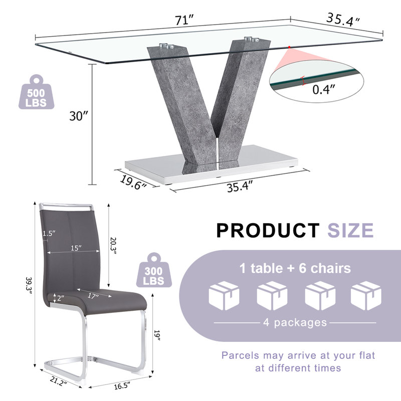 Ensemble de table de salle à manger 71 po en verre trempé 71 po pour 6 à 8 personnes - Ensemble de salle à manger en verre trempé avec chaises en cuir synthétique